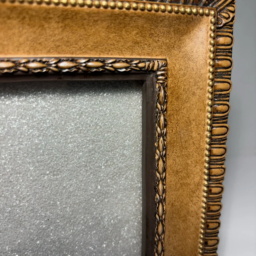 Picture Frame 5X7 Photo Heavy Leather Look  Carved Faux? Wood Detail 7.5” X 9.5”
